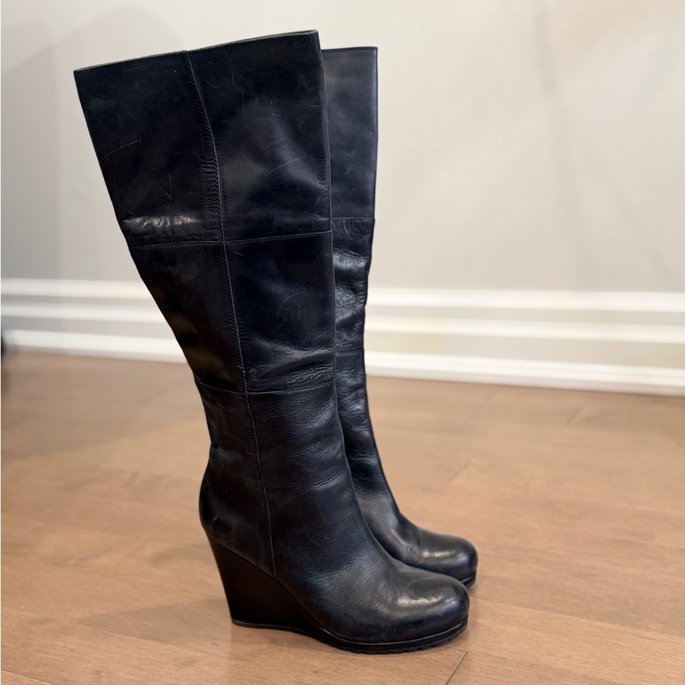 NWOT Black Leather Wedge Knee-High Boots – Size 39